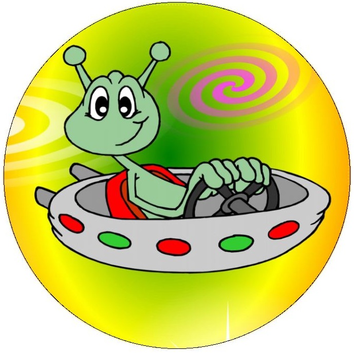 Space Alien and UFO Pinback Buttons and Stickers